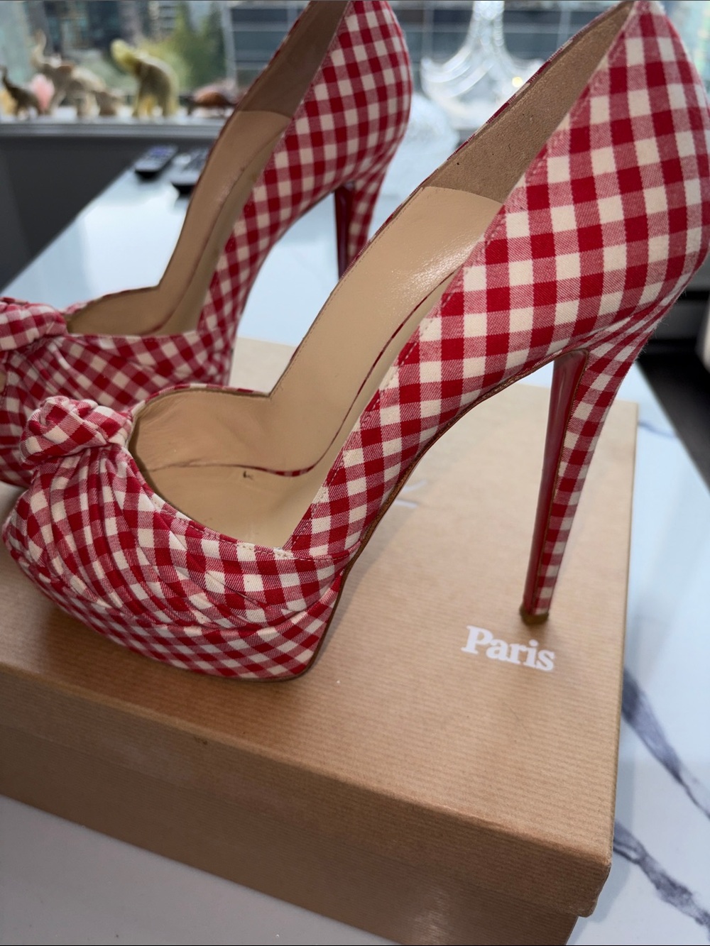 Christian Louboutin Red and White Gingham Peep-Toe Knot Pumps - Picture 10 of 12